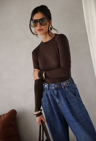 Blusa Manga Longa Franzida Marrom