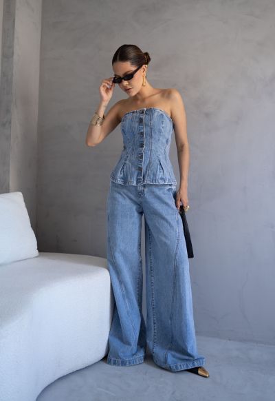Calça Pantalona Recortes Gaia Claro