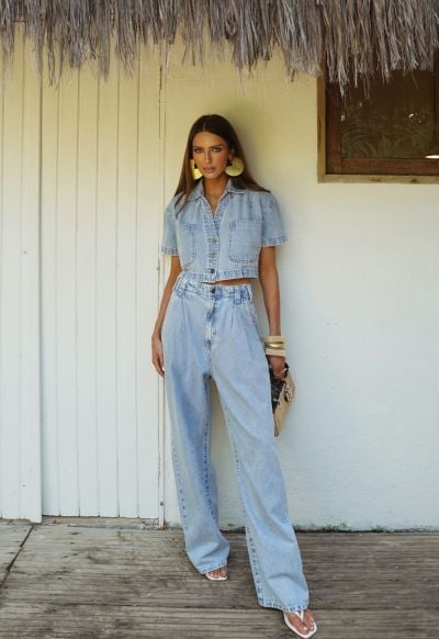 Calça Pantalona Cós Elastico Azzurra Claro Marmorizado